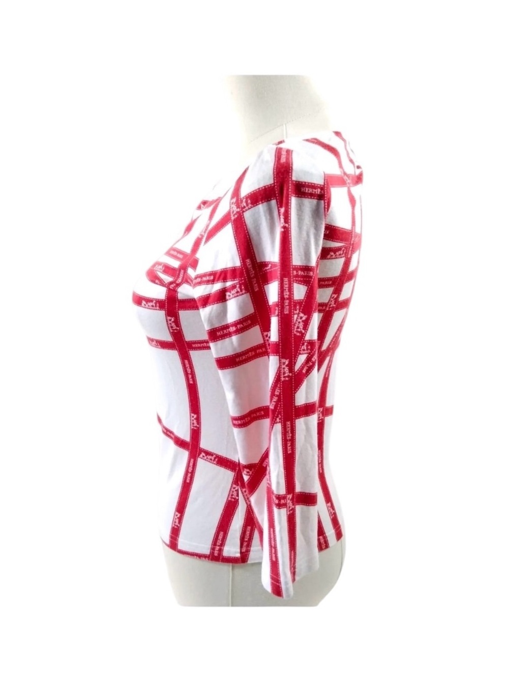 VINTAGE HERMES Red & White Grid-Print Scoop Neck Top Size S - Picture 5 of 11